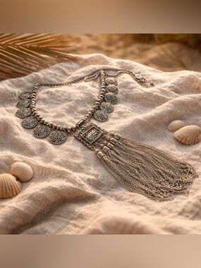 Boho Oxidized Silver Tribal Statement Necklace | Tassel Coin Fringe